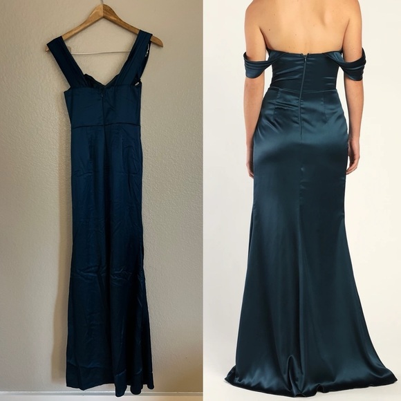 Stunning Arrival Dark Teal Satin Off-The-Shoulder Maxi Dress - Picture 2 of 6